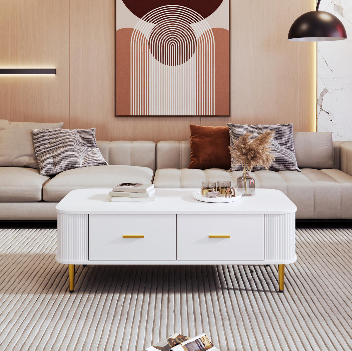 COUCHTISCH mit 4 Schubladen 105 x 51 x 38 cm Weiß Gold - Weiß, Wellpappe (105/51/38cm) - Meubliv