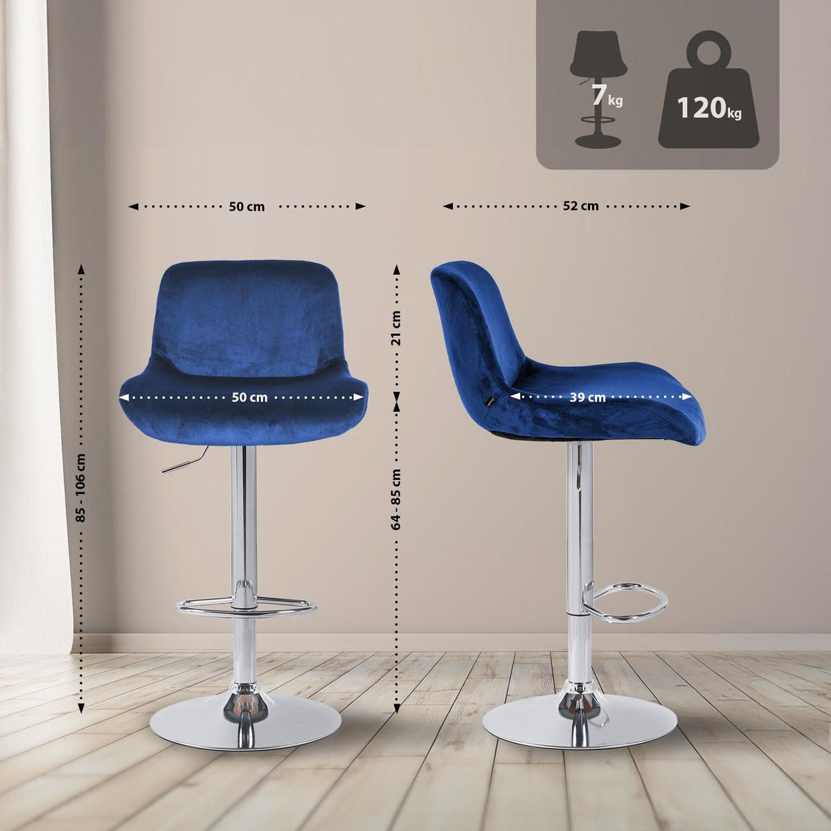 BARHOCKER 2er Set Samt Blau - Chromfarben/Blau, Textil/Metall (50/85/50cm) - CLP