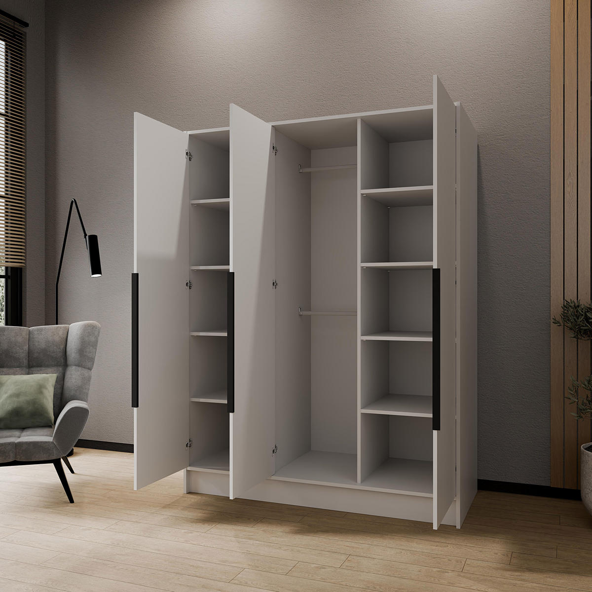 DREHTÜRENSCHRANK Laro mit Spiegel, Weiß mit mit schwarzen Griffen, 150 cm - Weiß, Holzwerkstoff (150/200/51cm) - Beautysofa