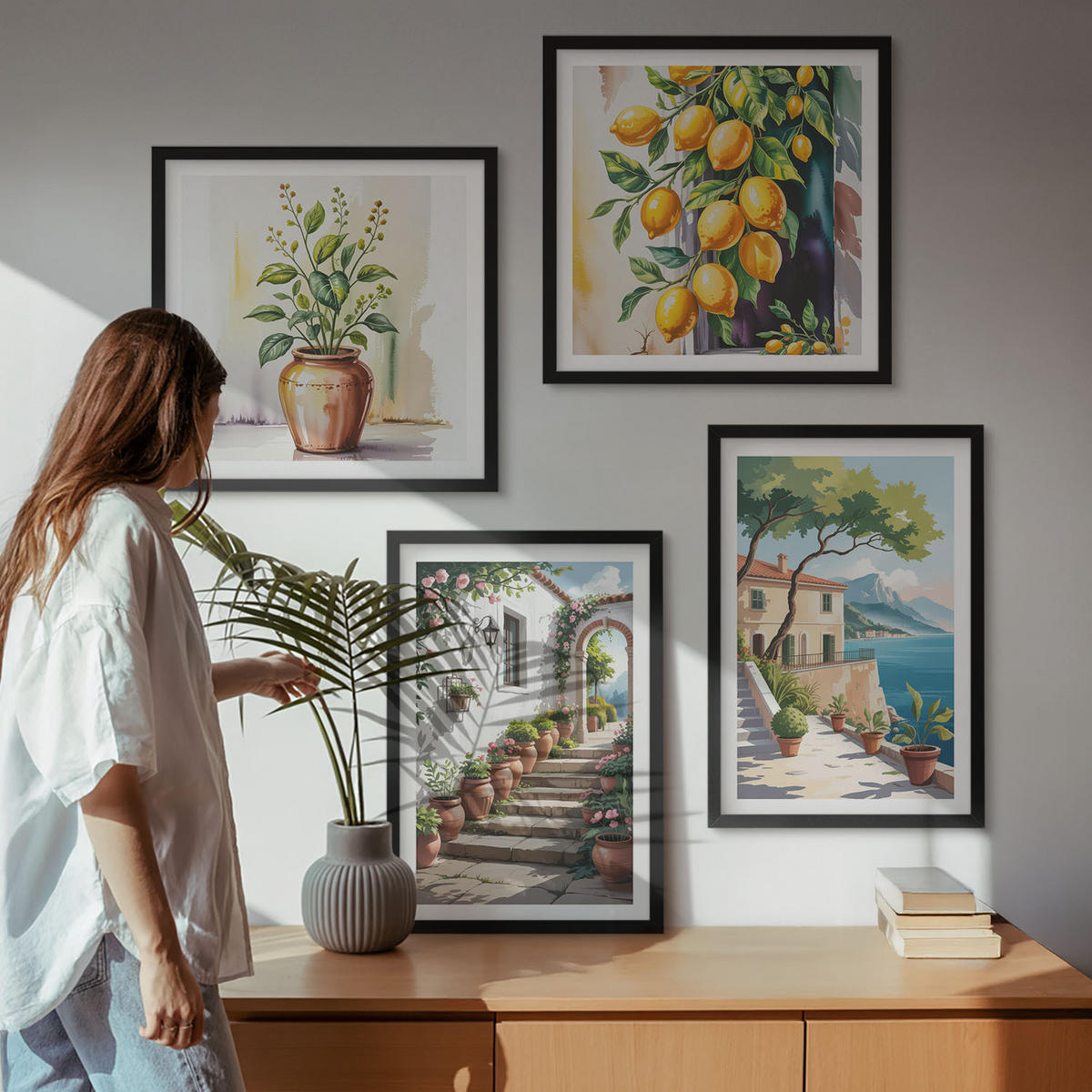 WANDBILDER 4er-Set - 50x50 cm & 40x60 cm Schwarzer Rahmen - Zitronenblüten am Meer - Schwarz, Kunststoff (50/50cm) - ArtPrintCave