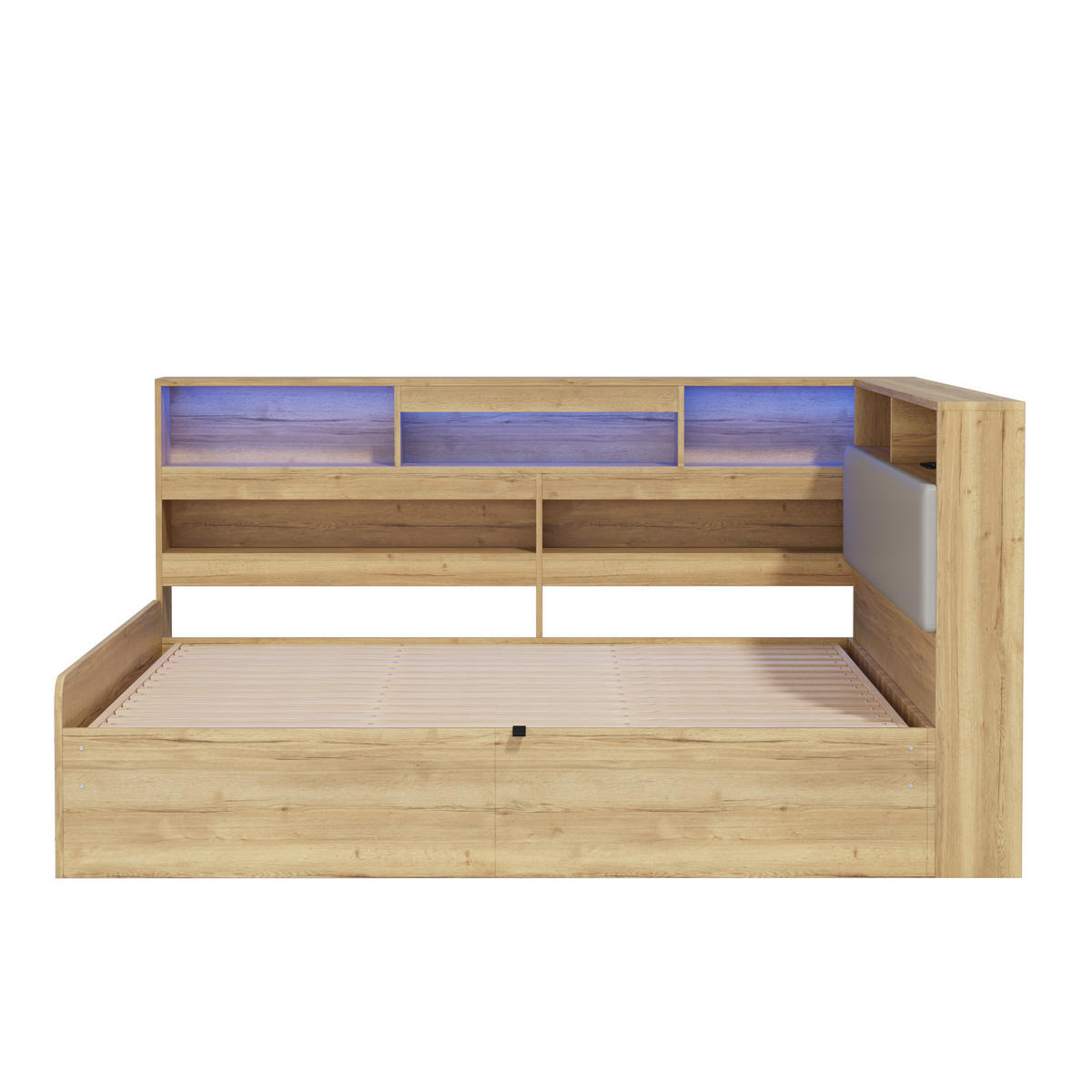 DAYBETT Natur 140x200 LED USB Hydraulik Stauraum Holz - Naturfarben, Holzwerkstoff (140/200cm) - FLIEKS