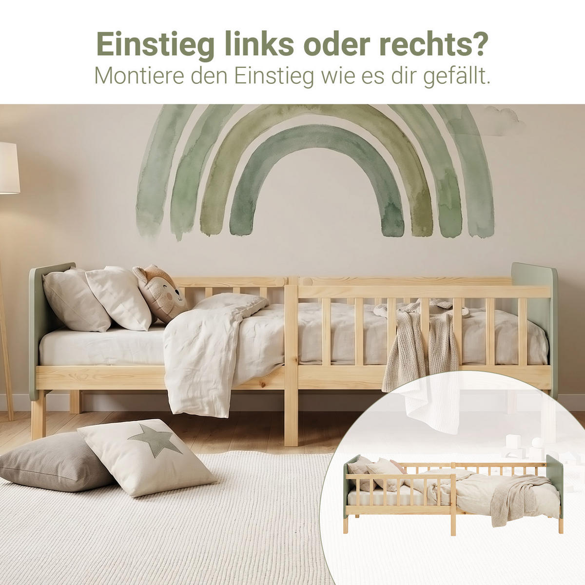 KINDERBETT Grün 90/200 cm Lattenrost Rausfallschutz - Grün, Holz (100/67/208cm) - Homestyle4u