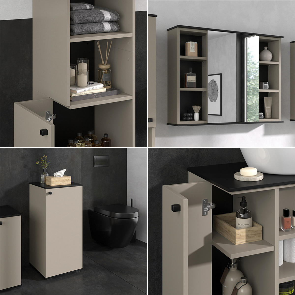 BADMÖBEL-SET Joli Greige 4 Teile, mit Hochschrank und Midischrank - Greige/Schwarz, Holzwerkstoff (80/59/37cm) - Vicco