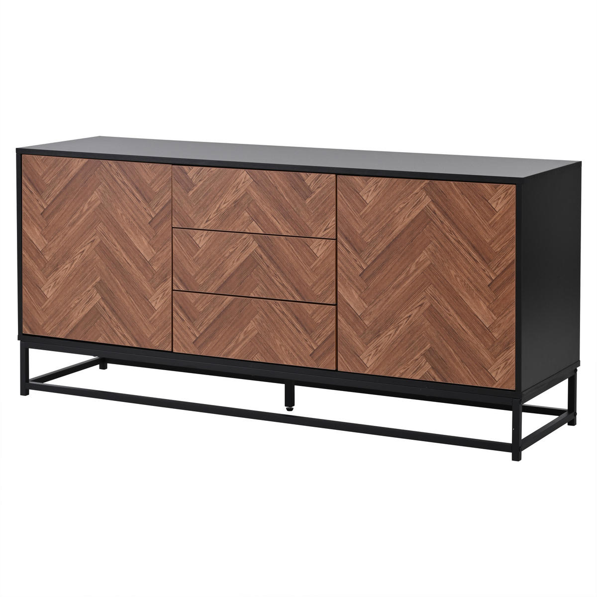 SIDEBOARD aus Spanplatte und Metall 145x40x67 cm Eichefarben-Schwarz mit 3 Schubladen, 2 Türen und verstellbaren Einlegeböden - Schwarz, Metall (145/67/40cm) - Modfu