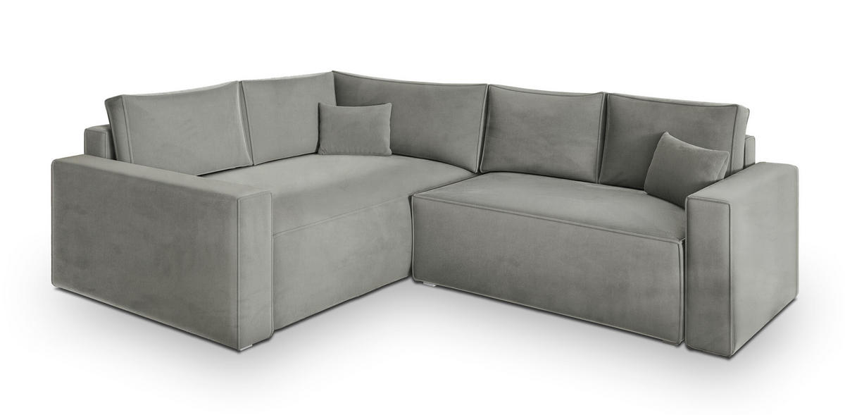 ECKSOFA ERONIS L-S Hellgrau Velours-Stoff mit Schlaffunktion - Hellgrau, Holz (265/194cm) - MASSENO