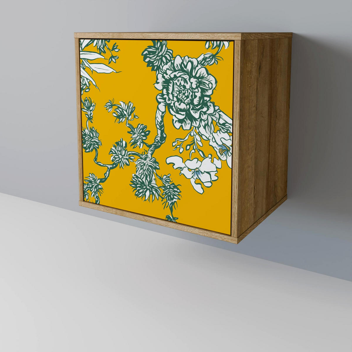 SIDEBOARD YELLOW CHINOISERIE, Eichefarben, 57,5x42x75,5 cm, Goldfarbene Metallfüße - Eichefarben/Goldfarben, Holzwerkstoff/Metall (57.5/75.5/42cm) - SpaceRebels