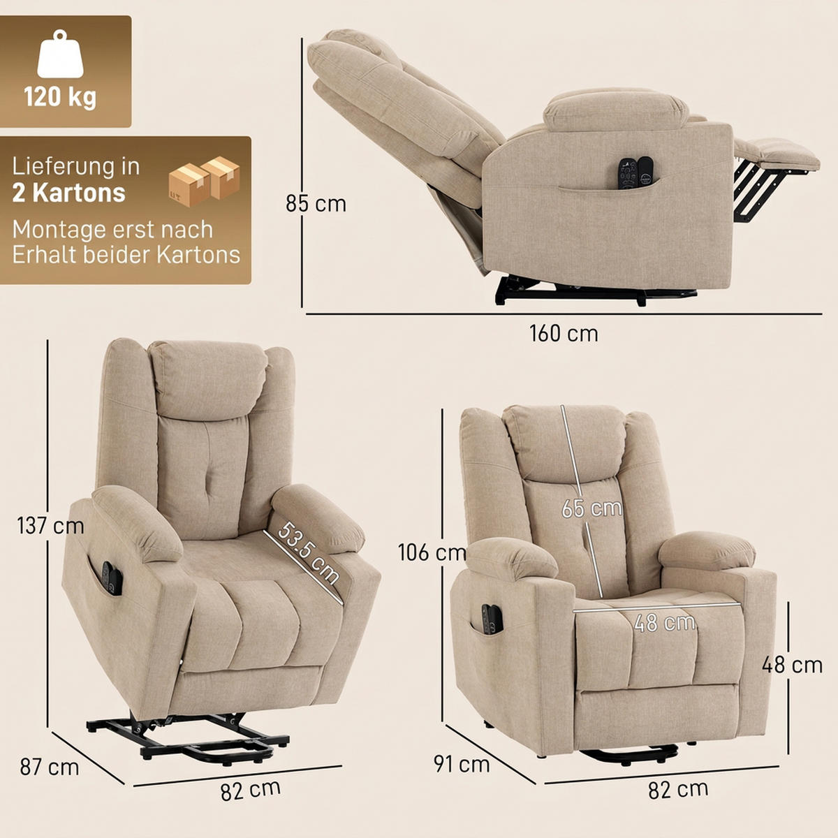 RELAXSESSEL PolyesterCremeweiß - Creme/Schwarz, Holz/Textil (91/106/82cm) - HOMCOM