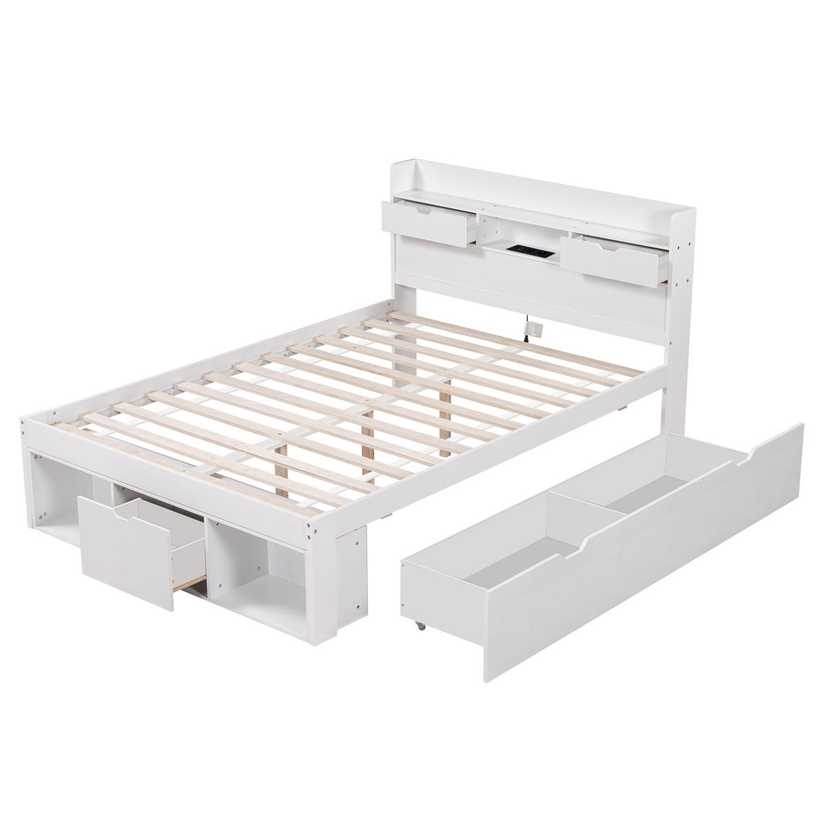 JUGENDBETT 140/190 cm in Weiß mit USB-Anschluss, Stauraum und Lattenrost - Weiß, Holz (140/190cm) - BEAOK