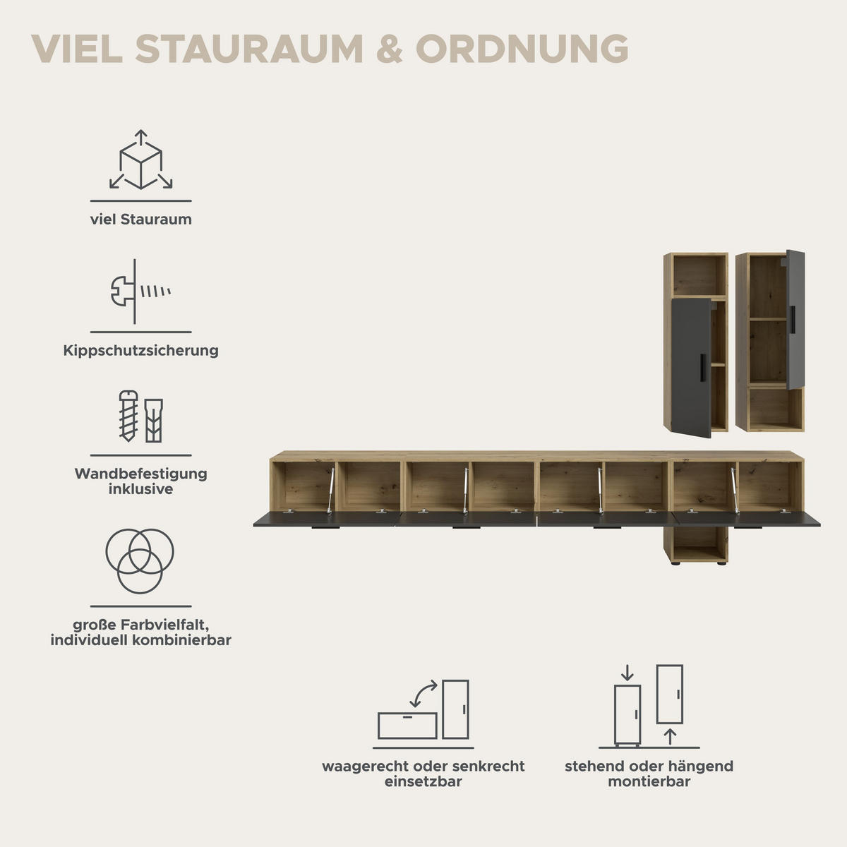 WOHNWAND The One Basalt grau 300/34/178 cm - Braun, Holzwerkstoff (300/178/34cm) - Xonox