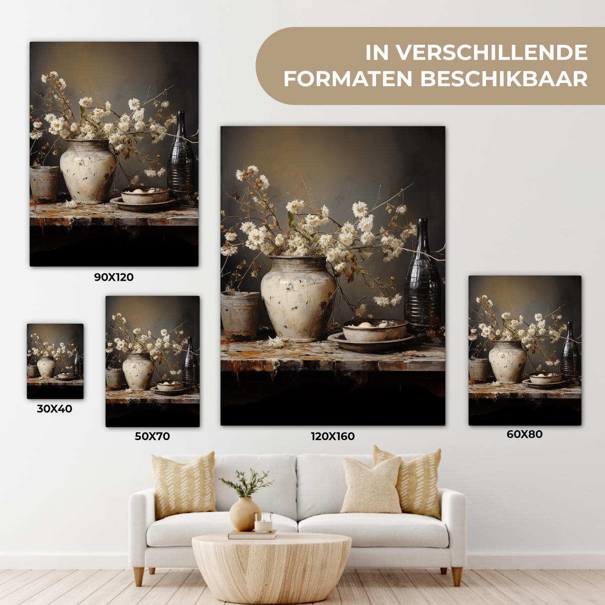 LEINWANDBILD Stilleben - Blumen - Blumenstrauß - Vase - Wein Wandbild Wohnzimmer 60x80 cm - Schwarz, Textil (60/80cm) - MuchoWow