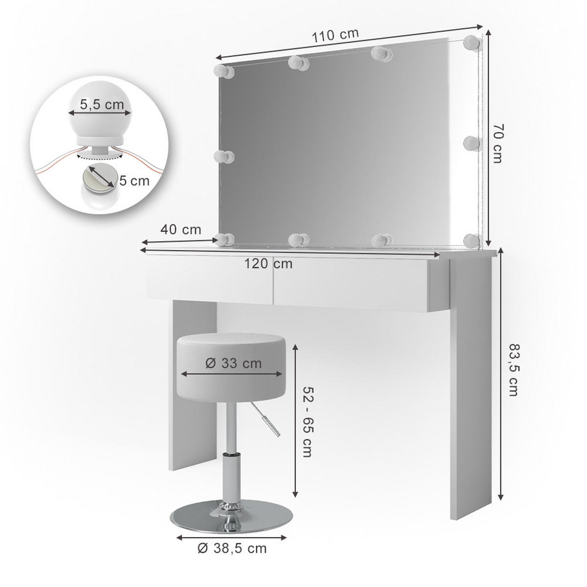 SCHMINKTISCH Azur Weiß 120 cm mit LED Beleuchtung und Hocker - Weiß, Holzwerkstoff (120/83/40cm) - Vicco