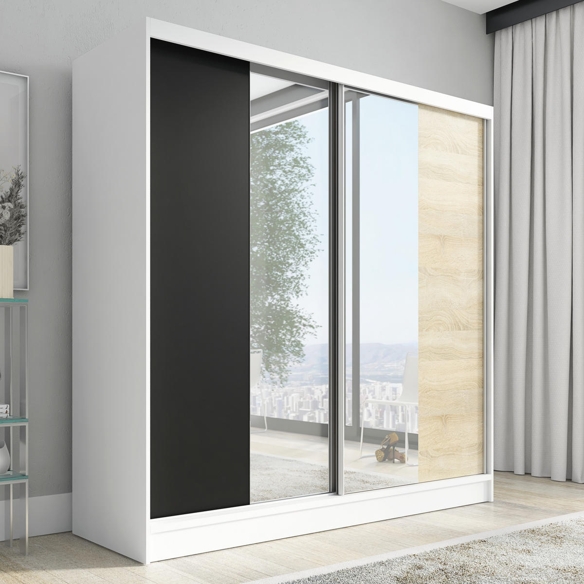 SCHWEBETÜRENSCHRANK 200 CM DUO Farbe: Weiß | schwarz | sonoma - Schwarz/Weiß, Holzwerkstoff (200/215/60cm) - A&J MöbelLand