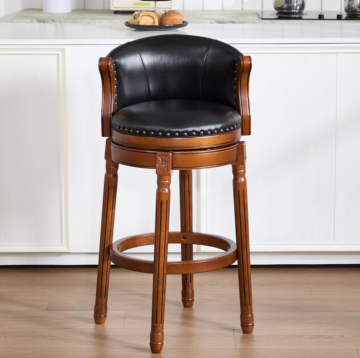 BARHOCKER drehbar Sitzhöhe ca. 75 cm Leder Holz Schwarz - Schwarz, Holz (54.8/96/54.8cm) - Meubliv