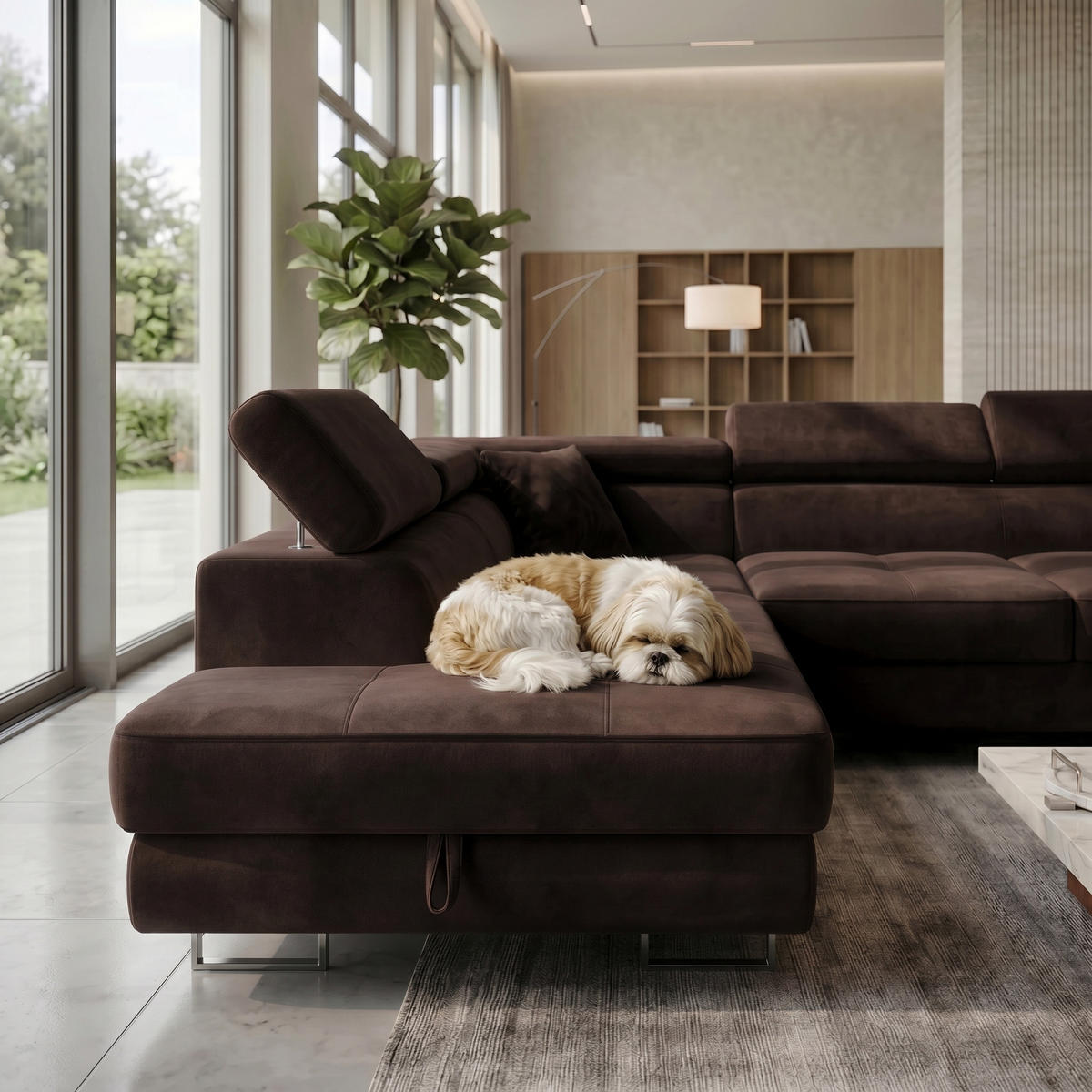 ECKSOFA U-Form WILD MAXI U2 mit Schlaffunktion 125x329 Velours Braun - Chromfarben/Braun, Holz/Textil (400/90/203cm) - Muffo