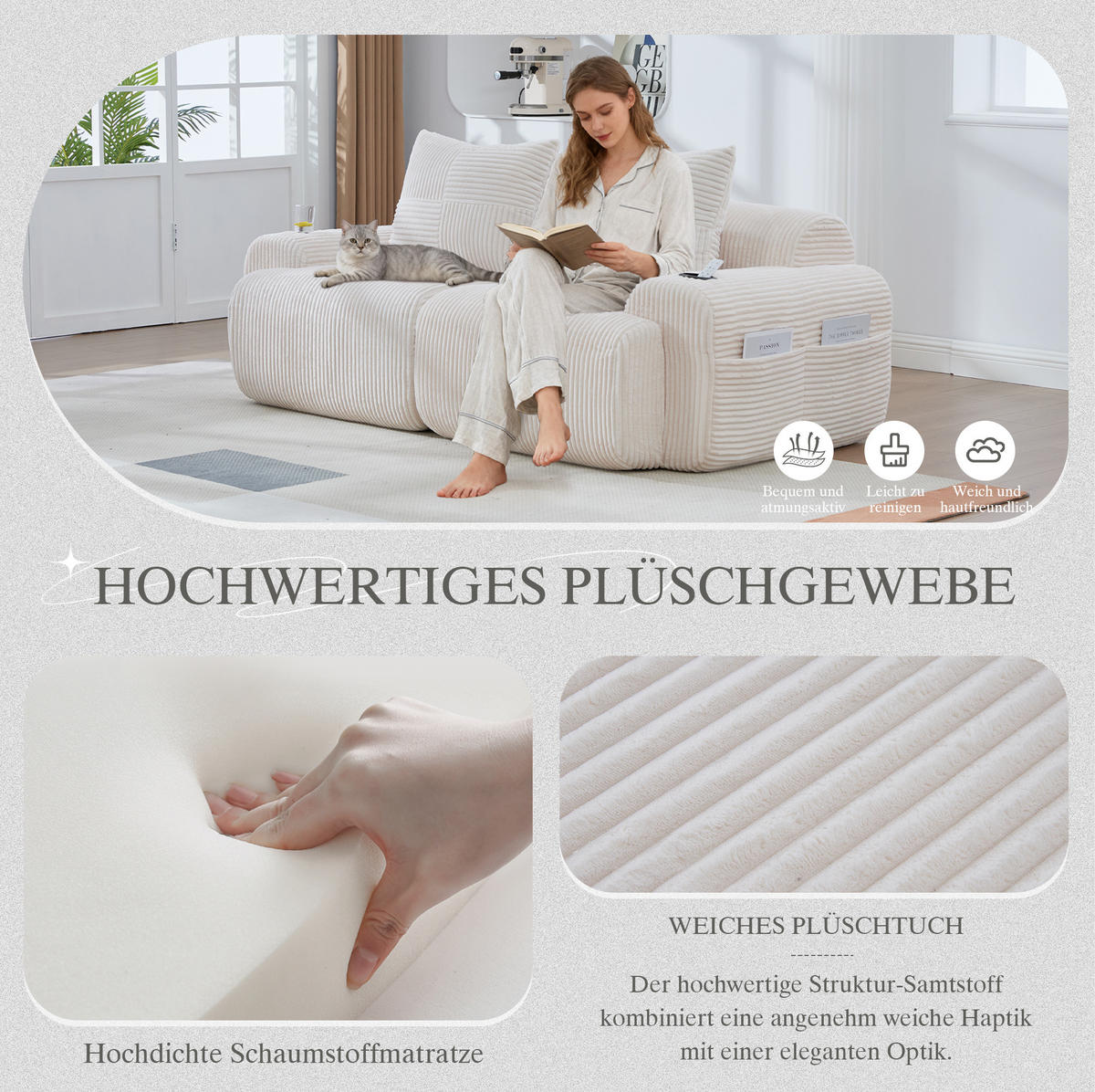 2-SITZER 200/99/80 cm Beige aus Cord mit Cupholder - Beige, Textil (99/80/200cm) - OKWISH
