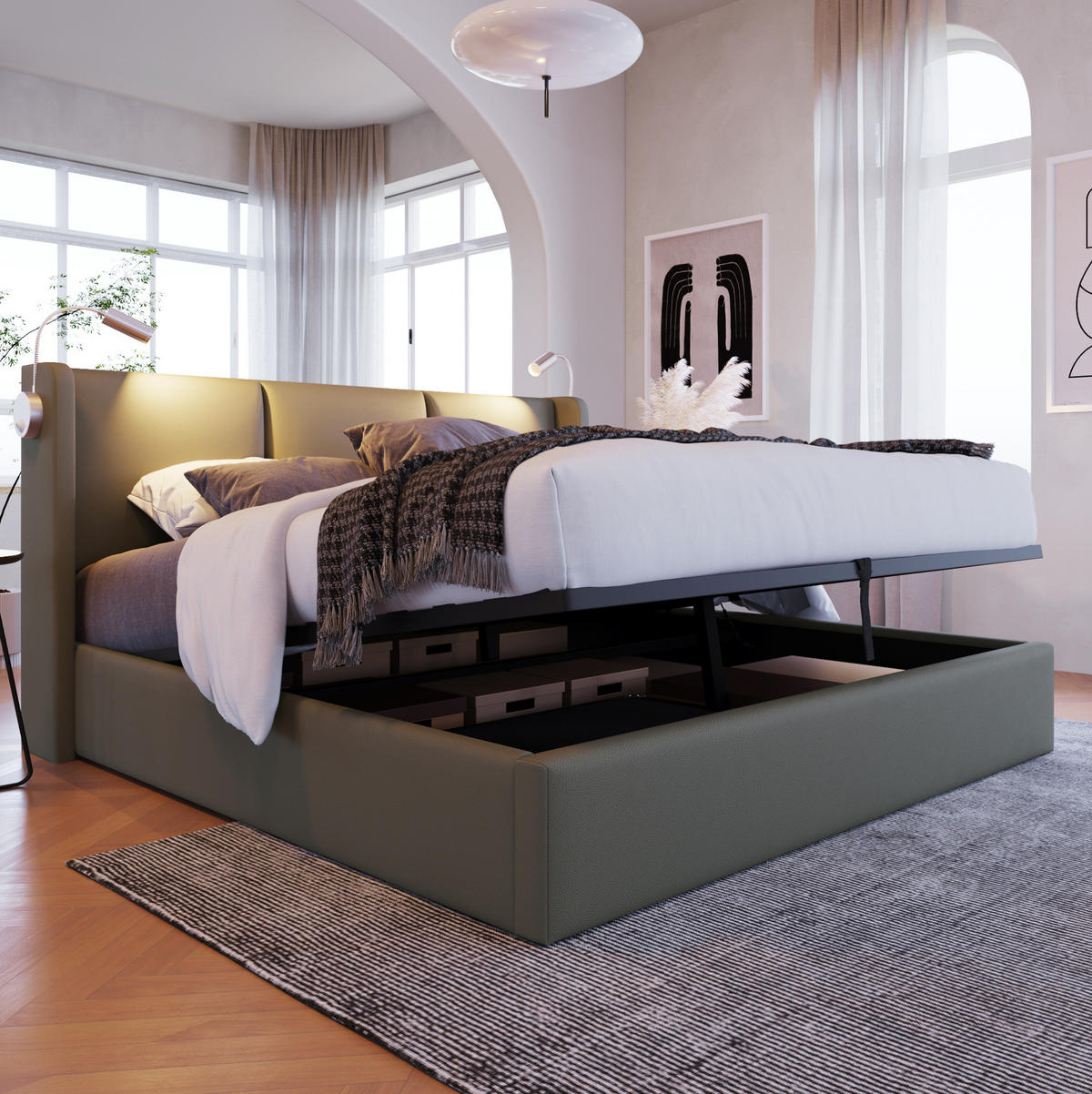 POLSTERBETT 140/200 cm Grau mit Bettkasten, Leselicht und USB-Ladefunktion - Grau, Kunststoff (140/200cm) - Flora Grace