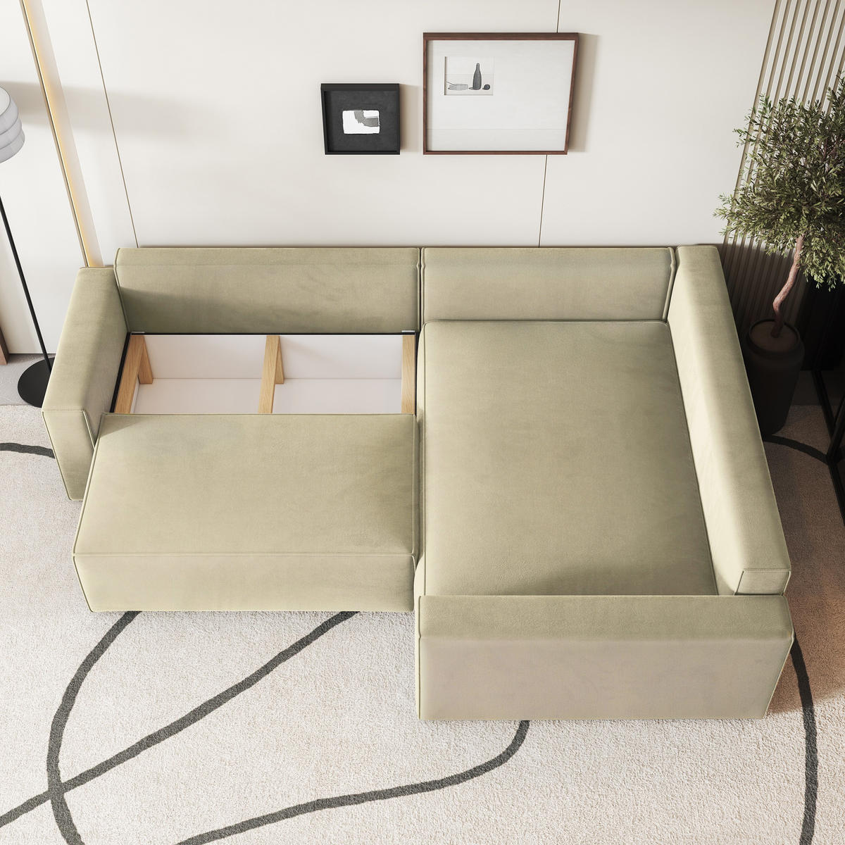 ECKSOFA ERONIS R-S Creme Velours-Stoff mit Schlaffunktion - Creme, Holz (265/194cm) - MASSENO