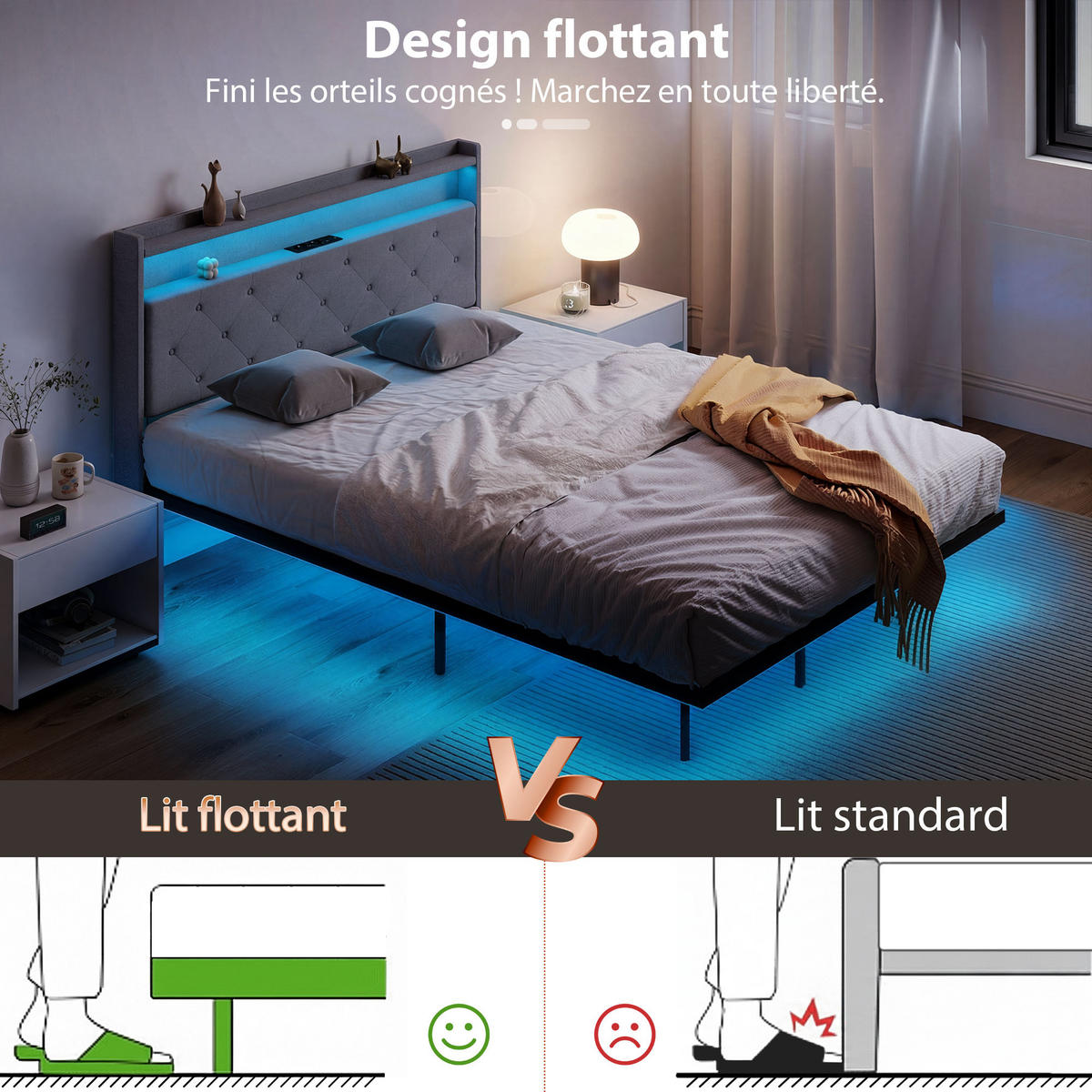 BETT 140x190 cm DE-14674 fliegend mit LED & Ladestation Grau - Grau, Metall (140/190cm) - ComfortXL