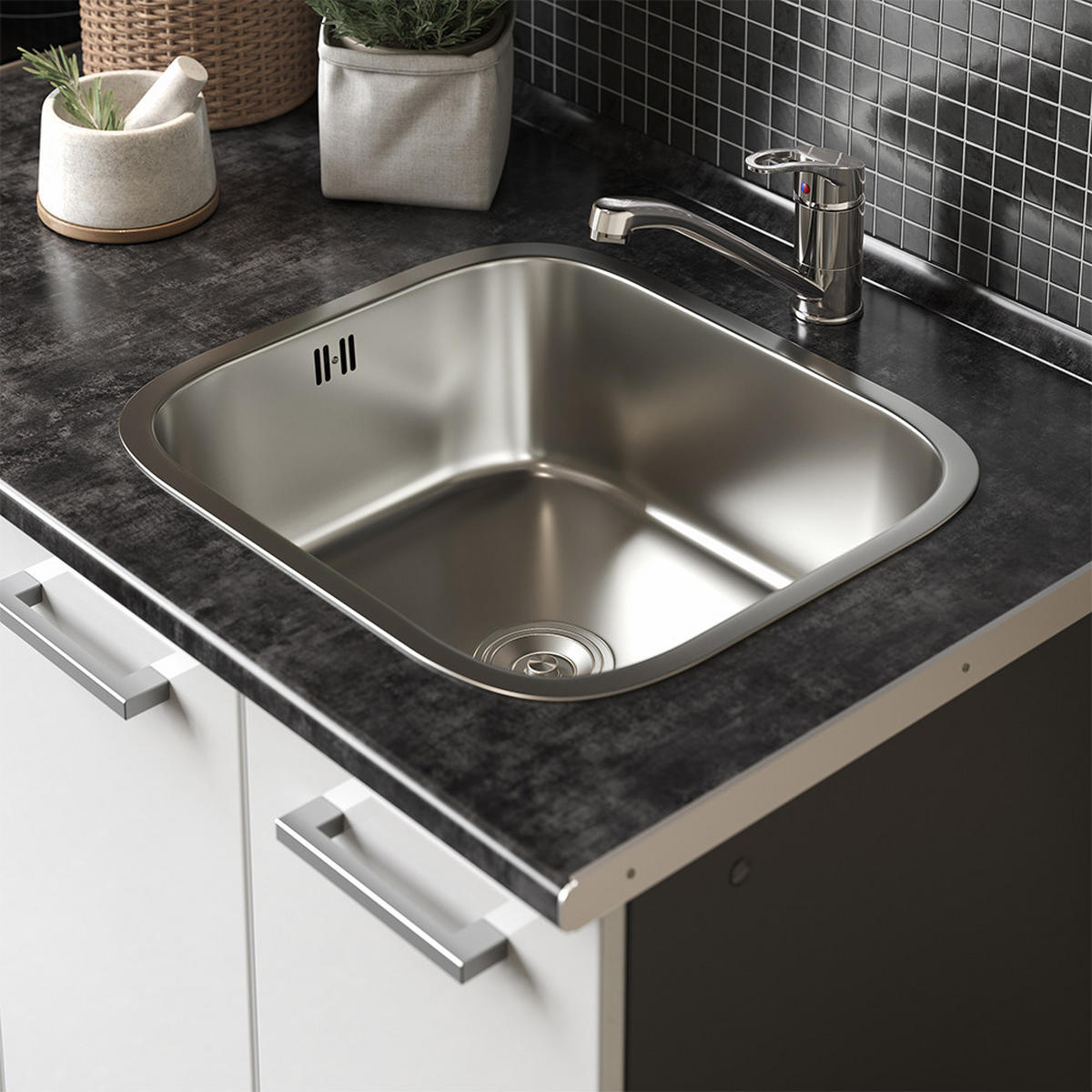 SINGLEKÜCHE R-Line Weiß Hochglanz/Anthrazit 160 cm mit Herdumbauschrank und Spüle mit AP - Weiß Hochglanz/Anthrazit, Holzwerkstoff (160/81.6/46cm) - Vicco