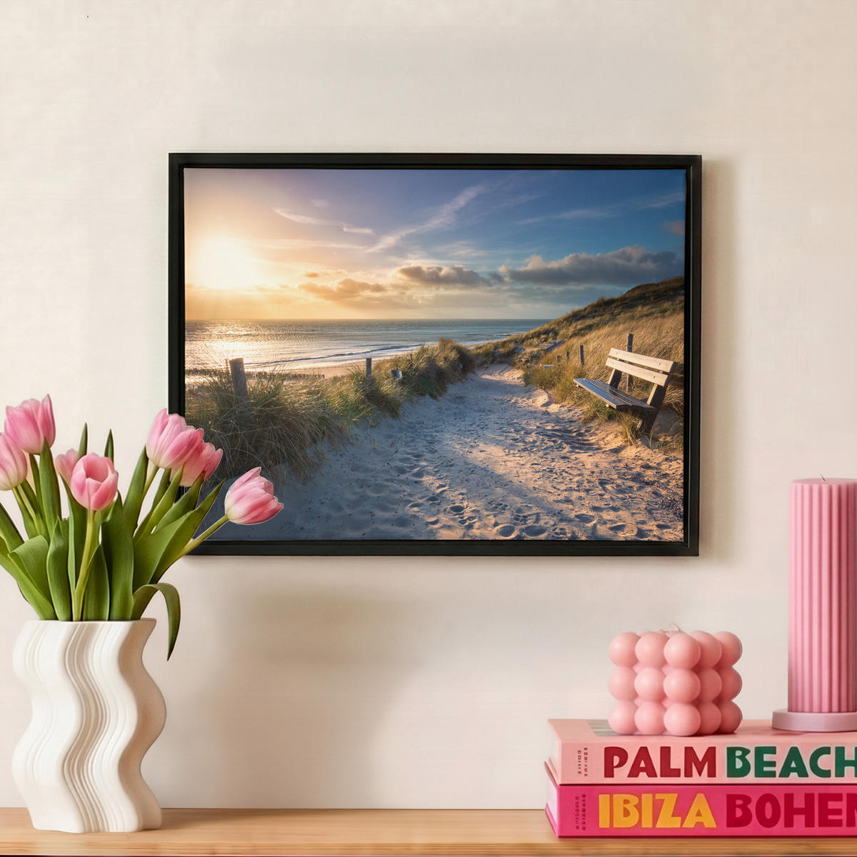 LEINWAND Bilder mit Rahmen - Sonnenuntergang - Strand - Düne - Gras - Ufer - 40x30 - Sandfarben, Textil (40/30cm) - MuchoWow