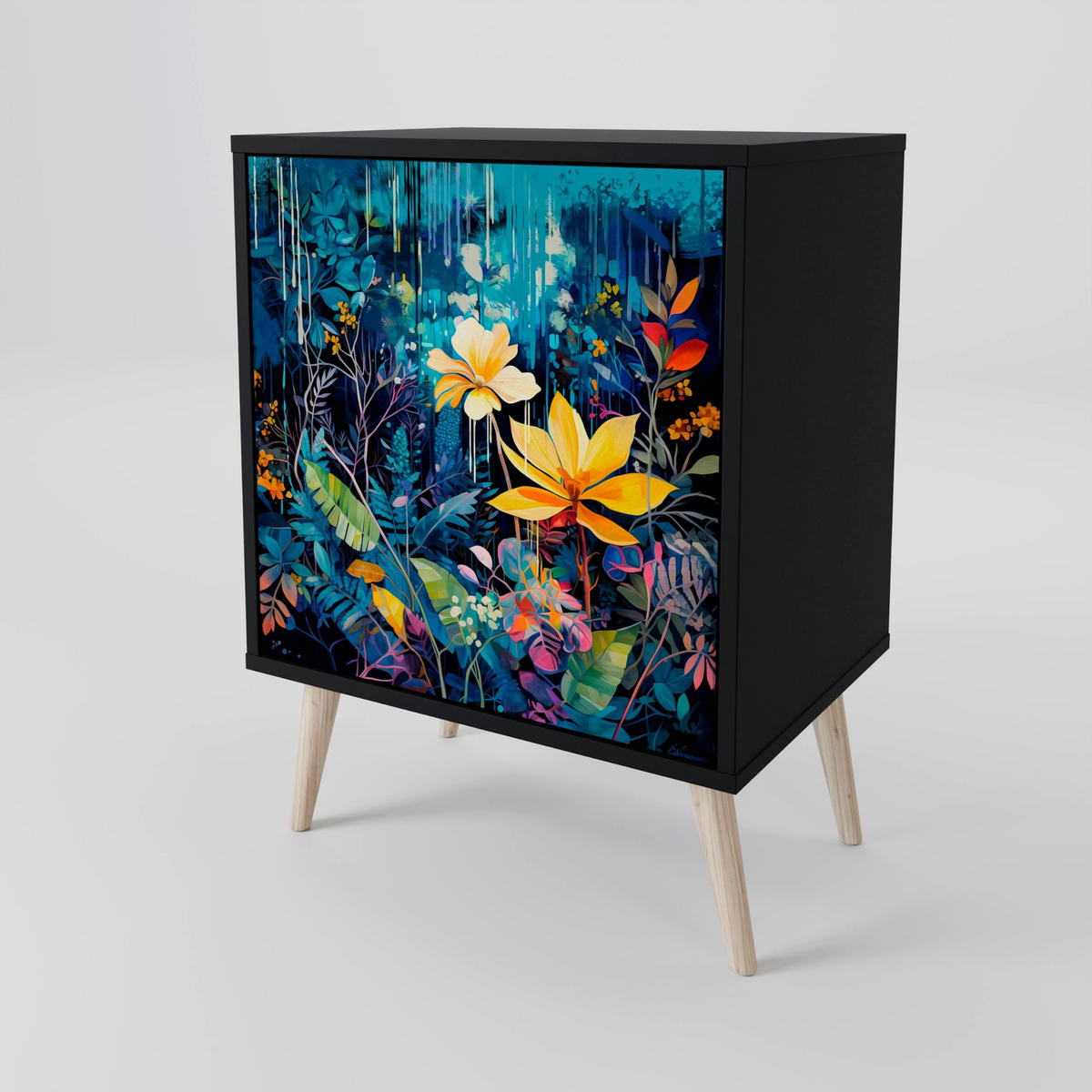 SIDEBOARD MIDNIGHT BLOSSOM, Schwarz, 57,5x42x72,5 cm, Schwarze Metallfüße - Multicolor/Schwarz, Holzwerkstoff/Metall (57.5/72.5/42cm) - SpaceRebels