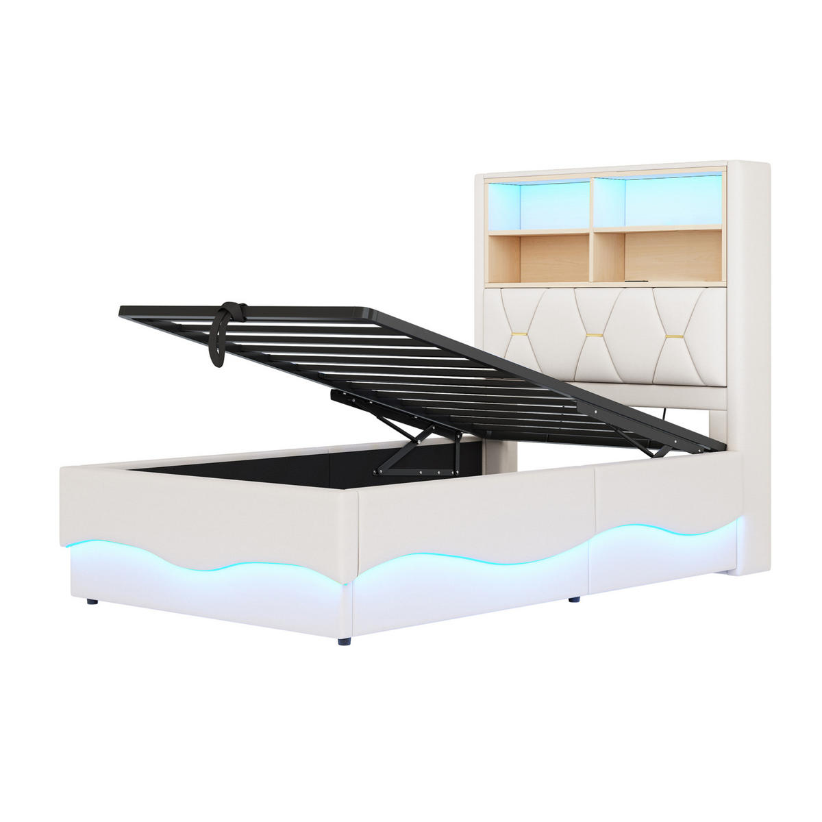 KINDERBETT 90/200 cm aus Leinen und Metall mit LED-Beleuchtung, USB-Anschluss und Stauraum Beige - Beige, Metall (90/200cm) - Modenvie