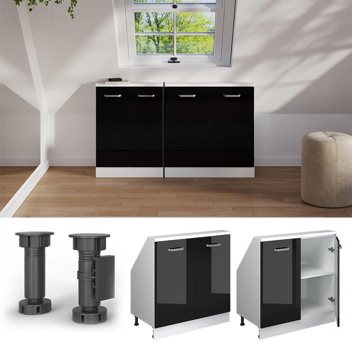 KUCHYŇSKÁ SKŘÍŇKA POD ŠIKMOU STŘECHU R-Line Černý vysoký lesk - bílá/černá, kompozitní dřevo (80/81.6/46cm) - Vicco