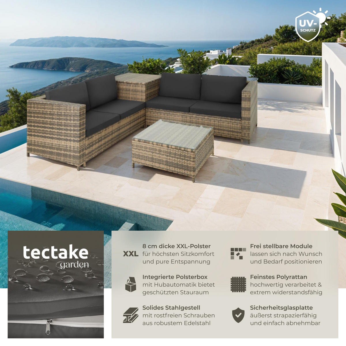 RATTANLOUNGE Siena,mit Sicherheitsglasplatte,natur/dunkelgrau - Naturfarben, Kunststoff - tectake
