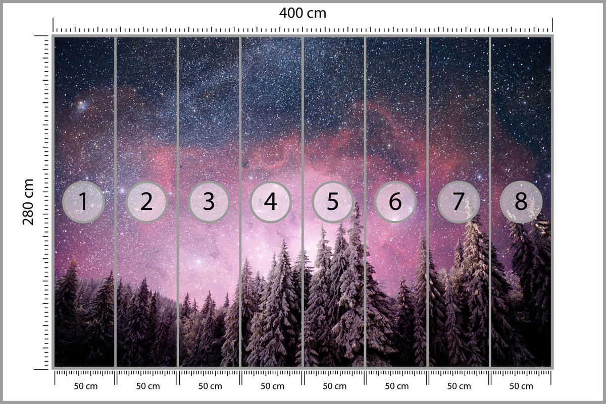FOTOTAPETE für Schlafzimmer Verzauberter Tannenwald Winter Aurora 400x280 - Violett/Schwarz, Papier (400/280cm) - Muralo