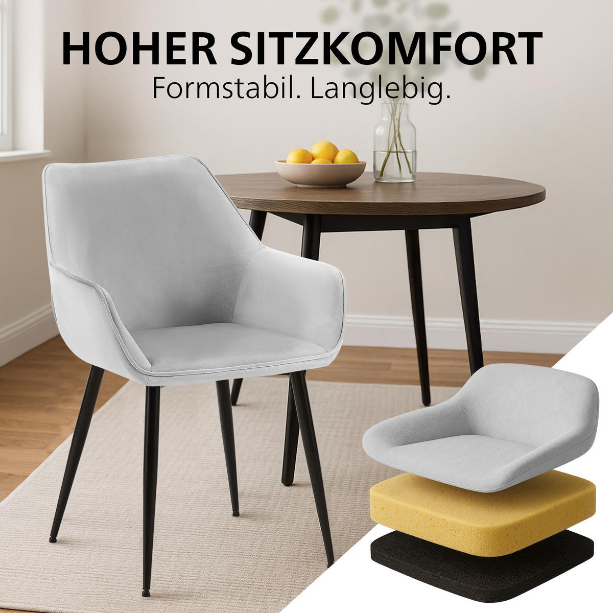ARMLEHNENSTUHL 2er Set Samt Hellgrau - Hellgrau/Schwarz, Textil/Metall (52/82/63cm) - CLP