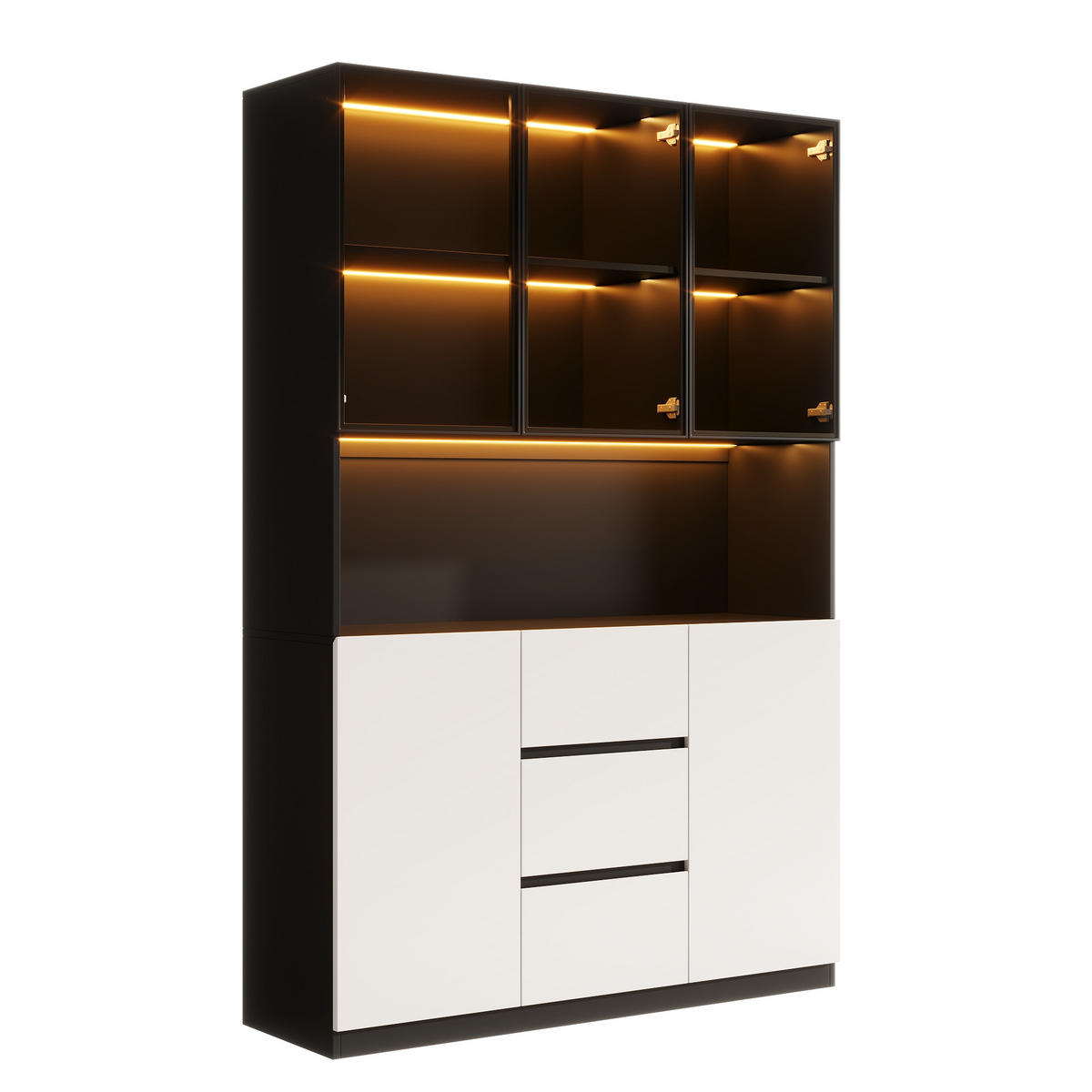 VITRINE 120cm Glas LED 3 Schubladen 2 Türen modern - Schwarz, Holzwerkstoff (120/200/40cm) - FLIEKS