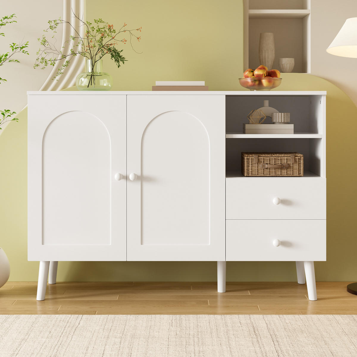 SIDEBOARD Holzoptik mit gewölbten Türen, Schubladen und offenen Fächern - Weiß, Holzwerkstoff (35/82/118cm) - Korfee