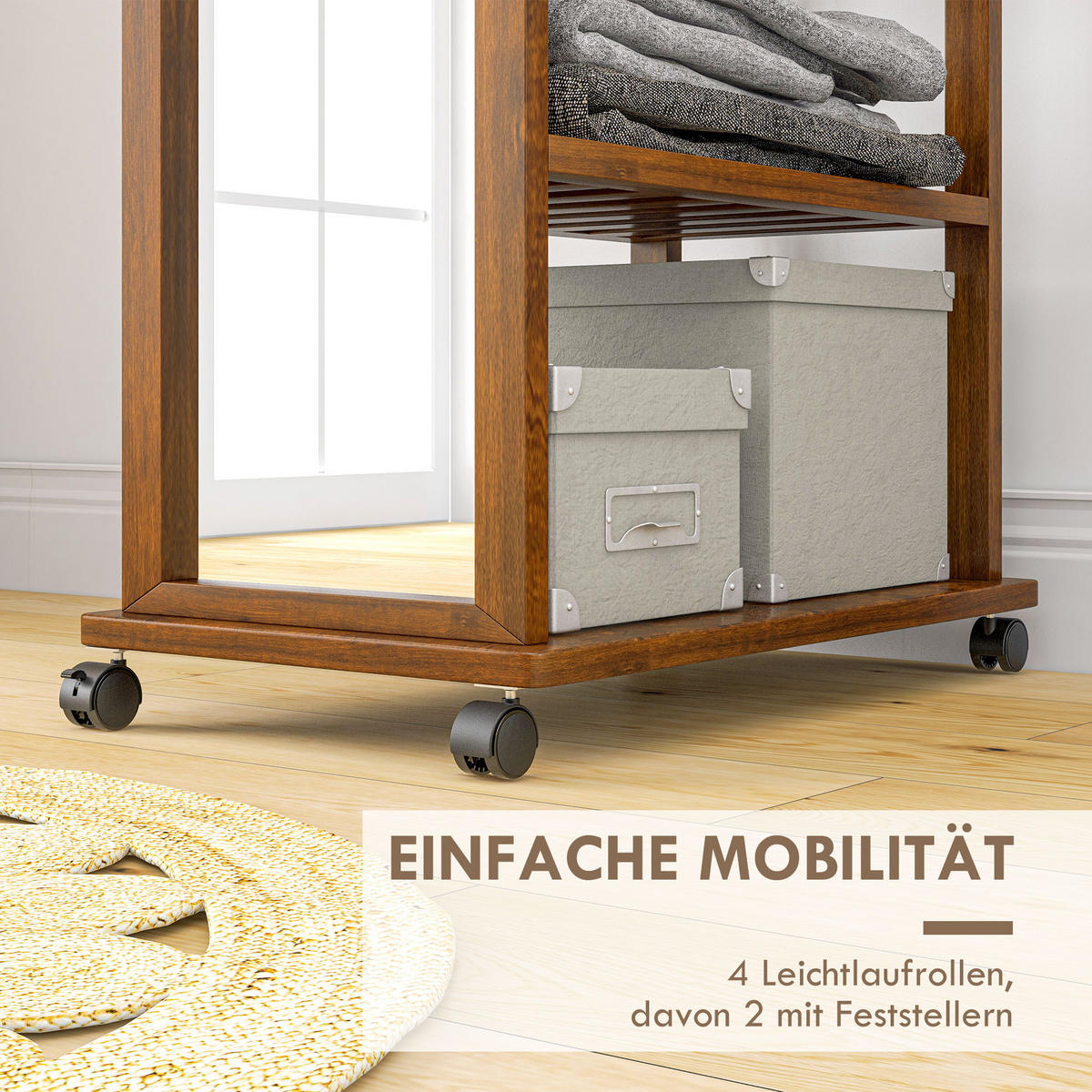 STANDSPIEGEL mit Ständer, 24,8 x 153,8 cm, mit 3 Ebenen, Kleiderstang - Naturfarben, Glas (59.8/170/35.8cm) - HOMCOM