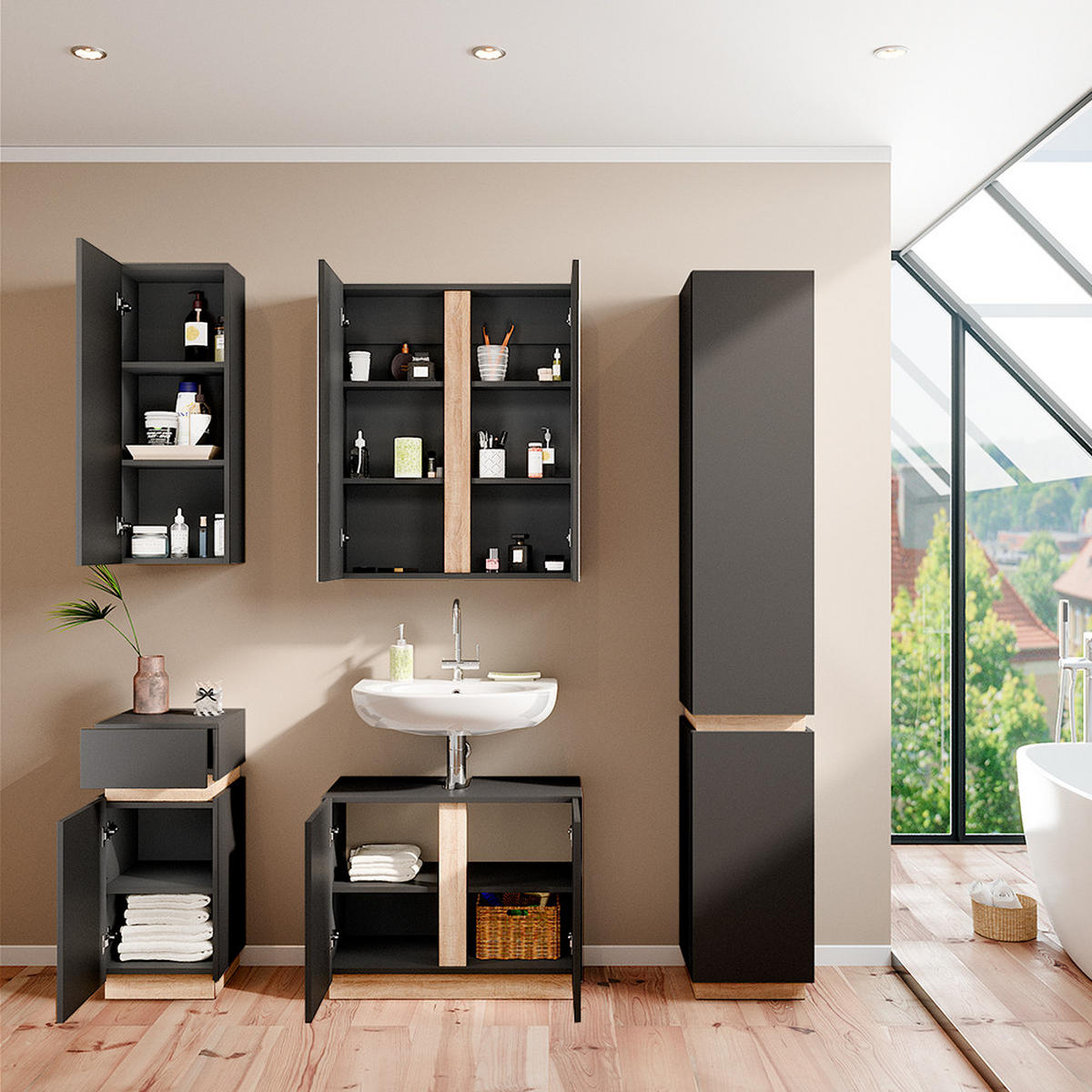 BADMÖBEL-SET Gloria Anthrazit 4 Teile - Anthrazit/Sonoma Eiche, Holzwerkstoff (70/55/34cm) - Vicco