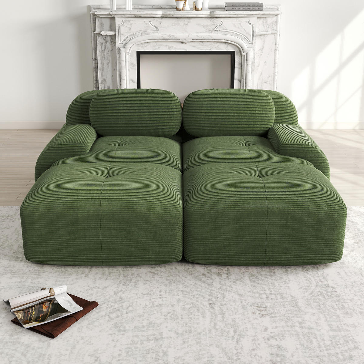 2-SITZER-SOFA aus Cord 208x178x75 cm mit ergonomischen Armlehnen und Chaiselongue, grün - Grün, Textil (178/75/208cm)