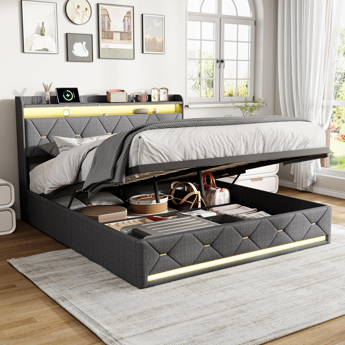 POLSTERBETT 140/200 cm，Bett Grau mit Bettkasten，LED und Ladefunktion，Leinen - Naturfarben/Grau, Holz/Textil (140/200cm) - FURNISHINGS HOME