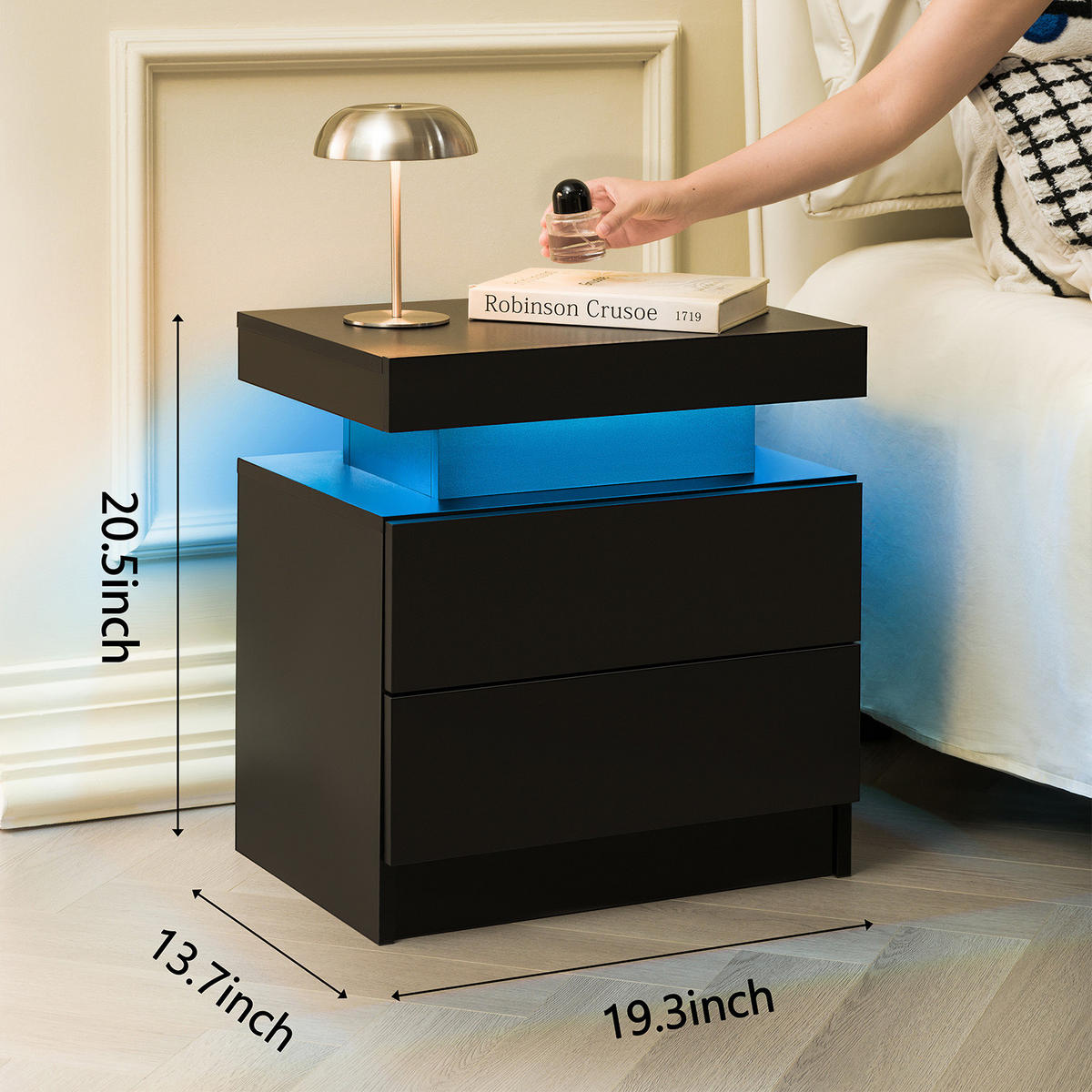NACHTTISCH 50/53/36 cm mit LED-Beleuchtung in Schwarz – mit 2 Schubladen & offenem Fach - Schwarz, Holzwerkstoff (53/36/50cm) - BEAOK