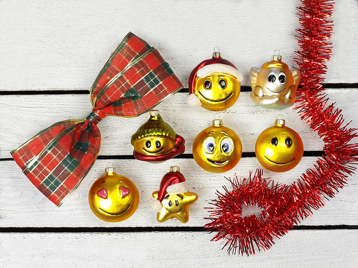 WEIHNACHTSBAUM künstlicher 60 cm mit LED-Beleuchtung, SMILEYS, mit 16 Weihnachtsbaumschmuck, Pflanztopf mit Jutesack - Gelb/Rot, Kunststoff/Stein (40/60cm) - LAALU
