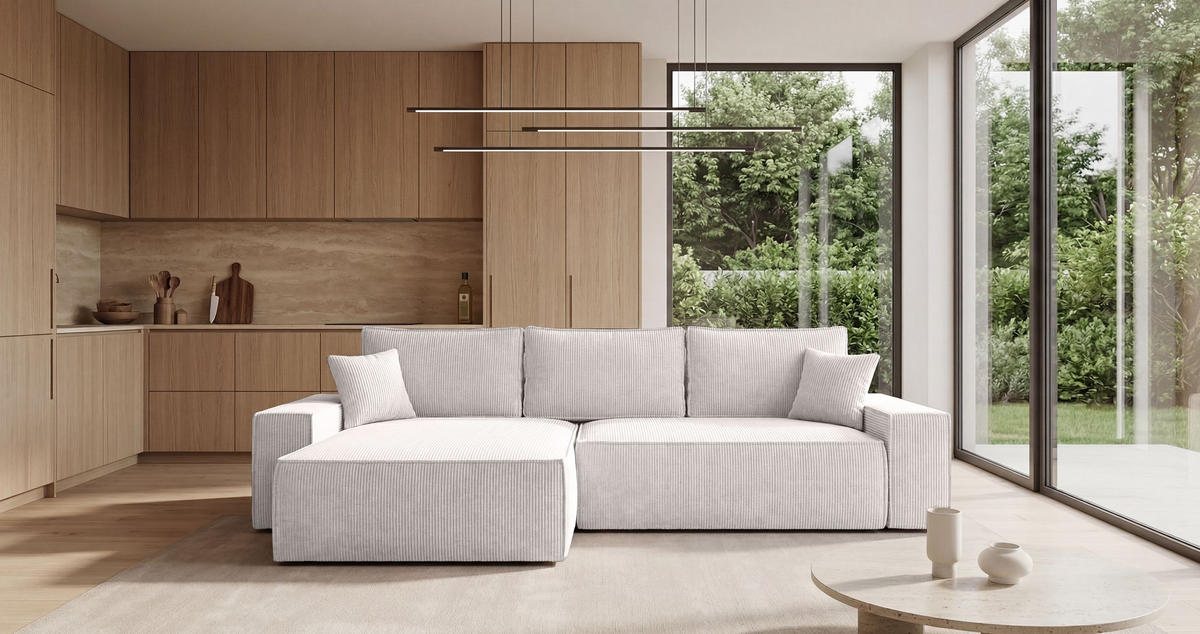 ECKSOFA California mit Schlaffunktion Vanille Links - Weiß, Textil (280/185cm) - Cornero