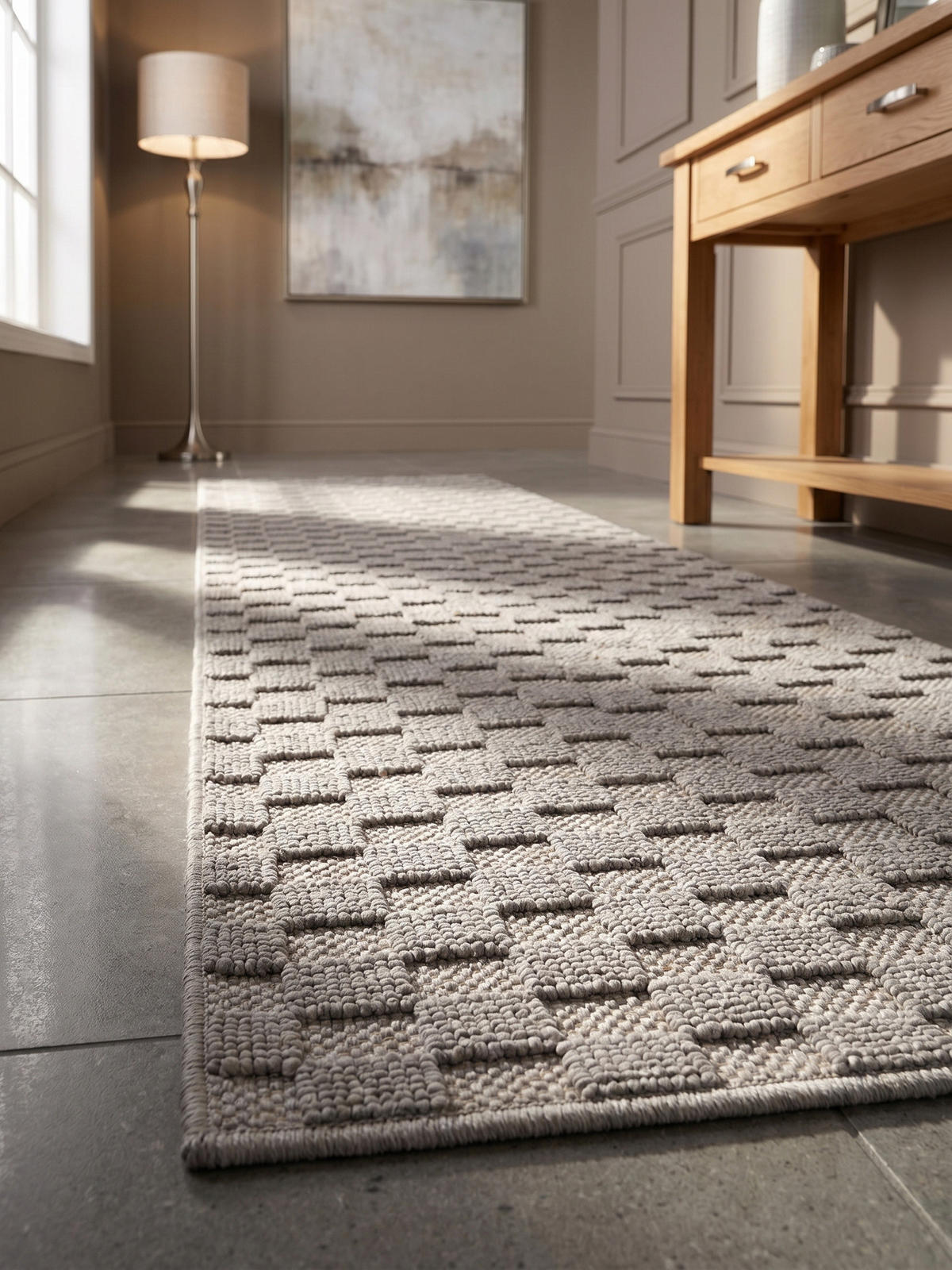 TEPPICH Flachgewebe LANGAU in Silber, mit Schachbrettmuster, 80 x 250 cm - Silberfarben, Textil (80/250cm) - KADIMA DESIGN
