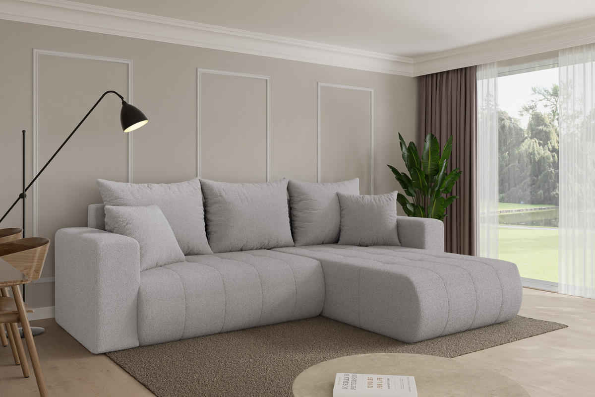 ROHOVÁ SEDAČKA s funkcí spaní, otoman vpravo MILA-L 277x194x86 světle šedá bouclé - černá/stříbrná, kompozitní dřevo/textil (277/194cm) - ALTDECOR