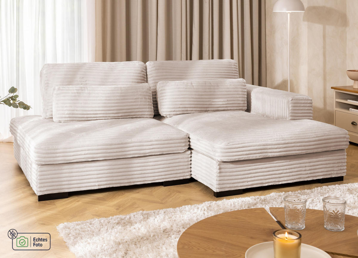 ECKSOFA Wolke mit tiefer Sitzfläche, Schlaffunktion und praktischem Bettkasten aus weichem Hellbeige Cordstoff - Beige/Schwarz, Holz/Kunststoff (225/162cm) - S-Style