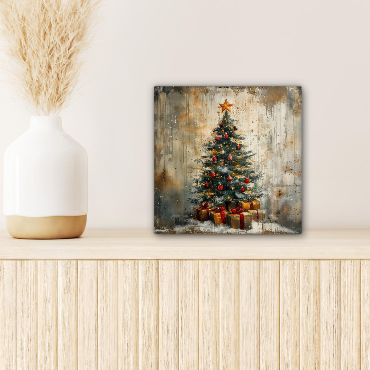 LEINWANDBILD Weihnachtsbaum - Vintage - Weihnachten - Geschenk Deko Wohnzimmer 20x20 cm - Rostfarben, Textil (20/20cm) - MuchoWow