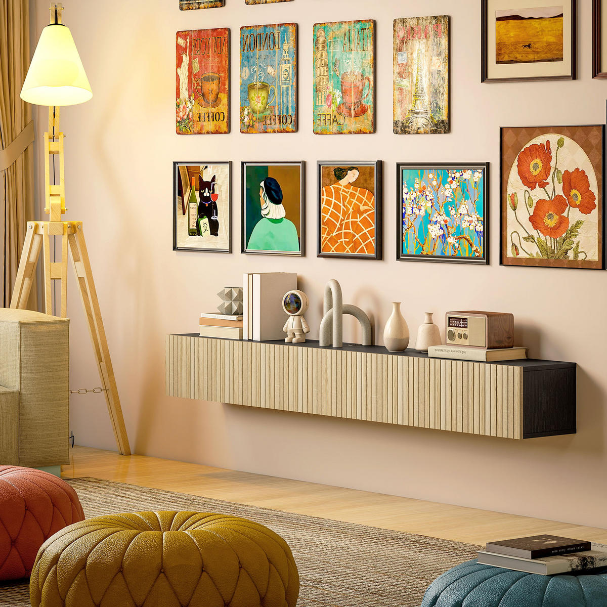 TV-BOARD Naturfarben/Schwarz 140/25/22 cm, Wandmontage, 2 Klappen, Grifflos - Naturfarben, Holzwerkstoff (140/22/25cm) - PANGIVO