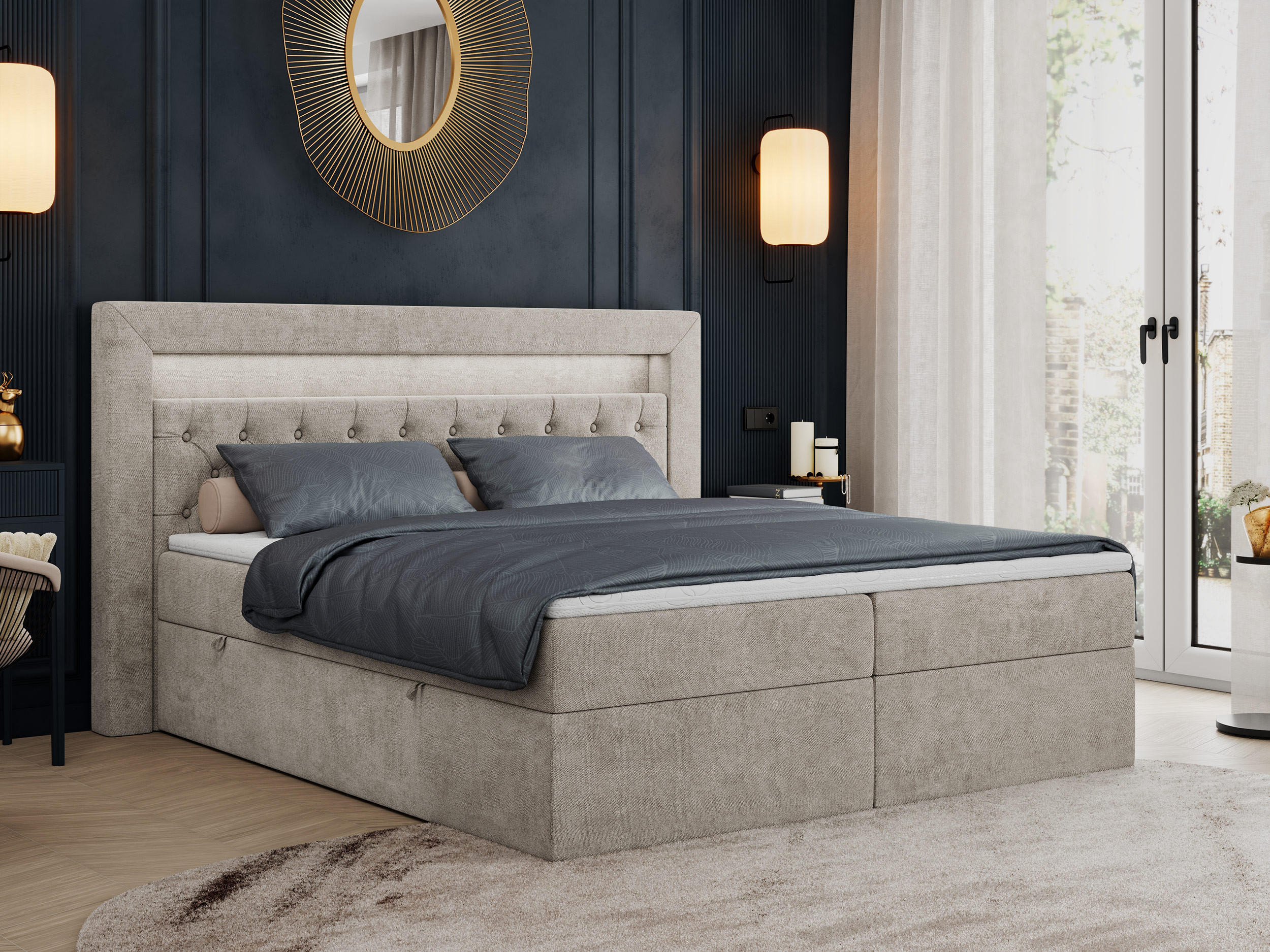 BOXBETT GOLD-6 LED 160/200 Beige Struktur - H4 - Beige, Holz/Textil (160/200cm) - MKS
