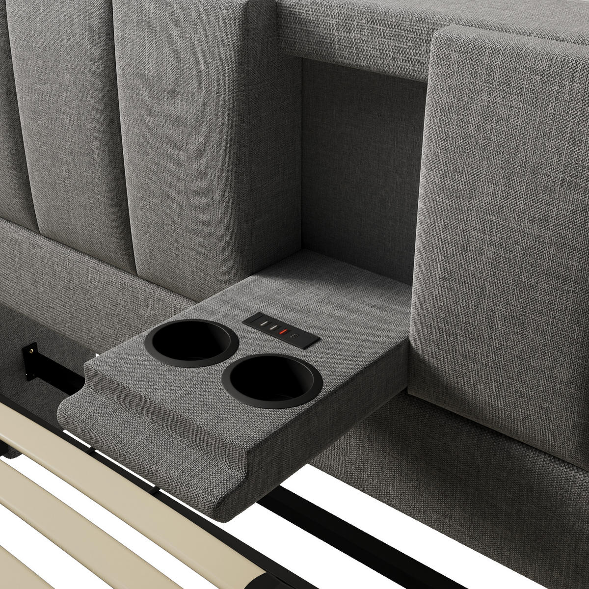 STAURAUMBETT 140/200 cm DE-00536, in Beige, verstecktem Becherhalter und hydraulischem Stauraum - Grau, Metall (140/200cm) - ComfortXL