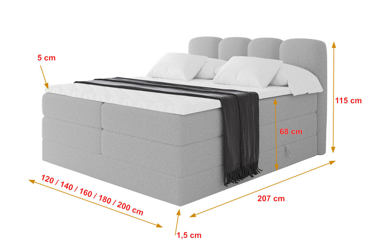BOXSPRINGBETT mit Matratze H3/H4 - NINA KING - 120x200 cm Hellgrau - Hellgrau, Holzwerkstoff (120/200cm) - ALTDECOR