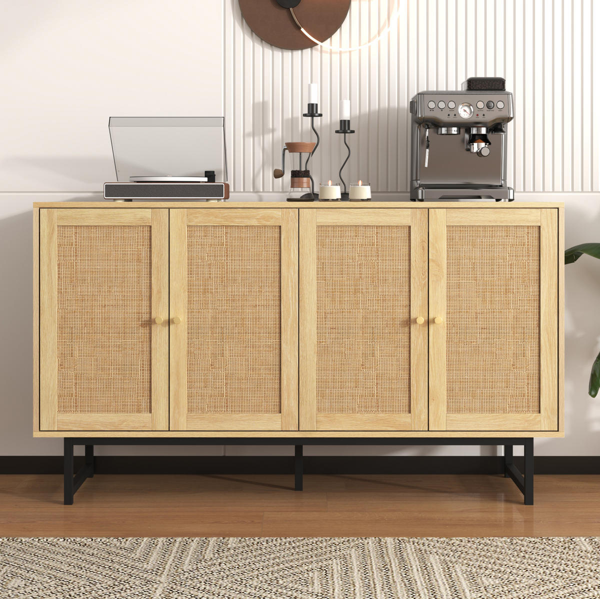 SIDEBOARD mit echtem Rattangeflecht, 4 Türen, 140/39,5/80 cm,Naturfarben - Naturfarben, Holzwerkstoff (140/80/39.5cm) - Redom