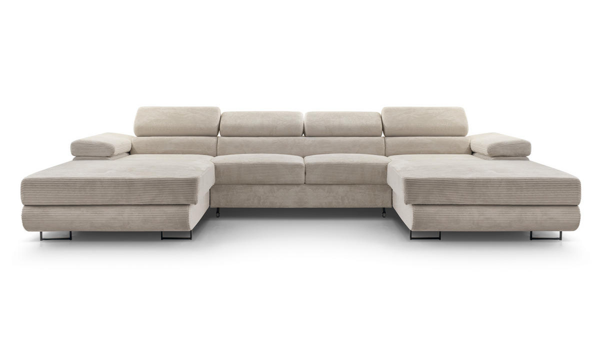 WOHNLANDSCHAFT GIULIO Beige Velours-Stoff mit Schlaffunktion - Beige, Holz (352/90/202cm) - MASSENO