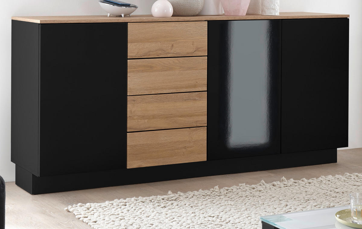 SIDEBOARD schwarz Hochglanz, Grandson Eiche, Kommode 181 x 85 cm - Schwarz Hochglanz/Eichefarben, Holzwerkstoff (181/85/43cm) - Furn.Design